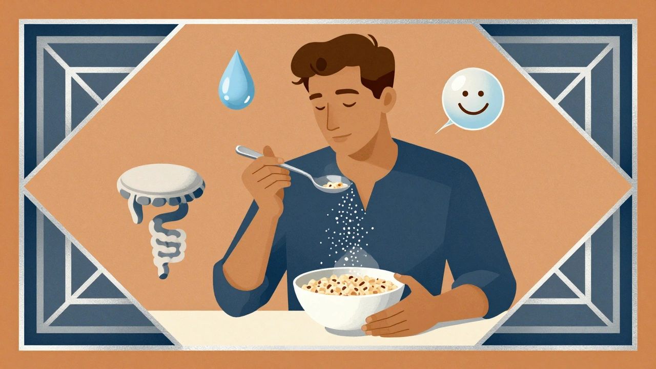 Man eating oatmeal with psyllium, surrounded by icons of water, soft stool, and gentle gas, in elegant geometric Art Deco style.