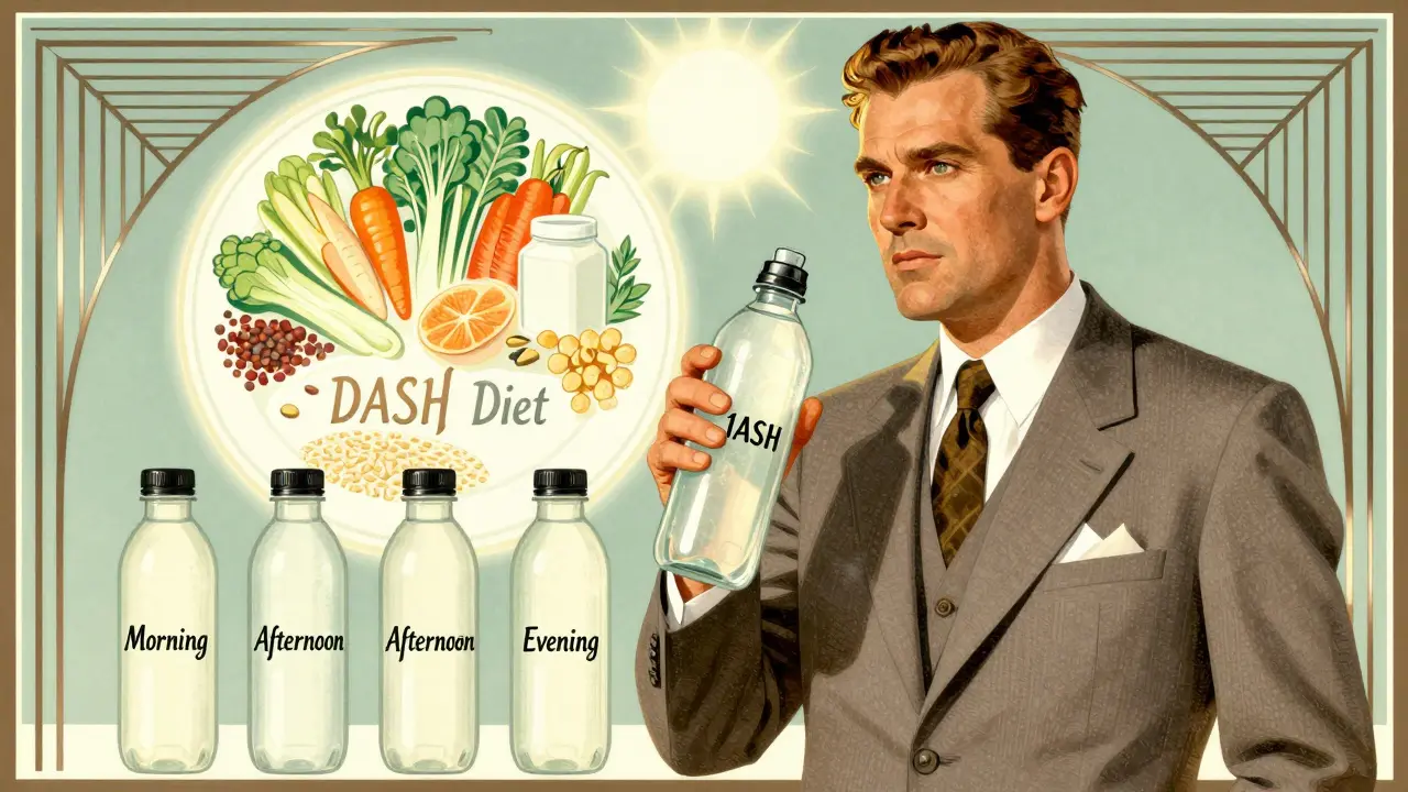Man holding three water bottles with DASH diet plate glowing behind him in geometric Art Deco style.