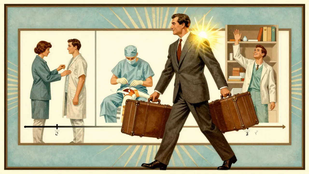 Man lifting suitcase with healing shoulder, showing rehab and surgery phases in Art Deco style