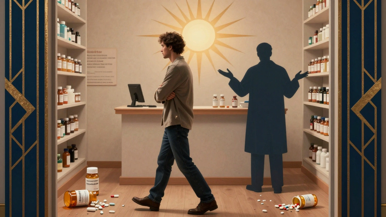 Patient leaving pharmacy as mislabeled meds scatter on floor