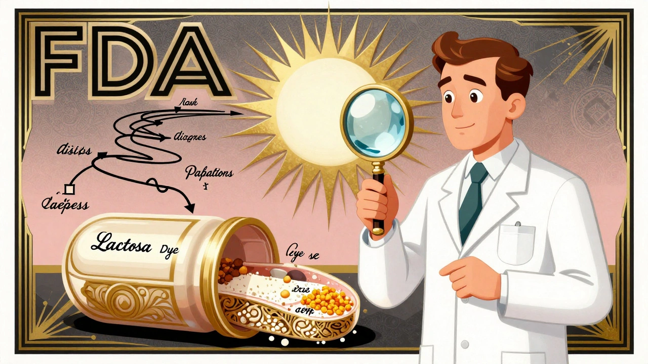Pharmacist examining a pill with hidden fillers like lactose and dye, surrounded by reaction symbols and FDA sunburst.