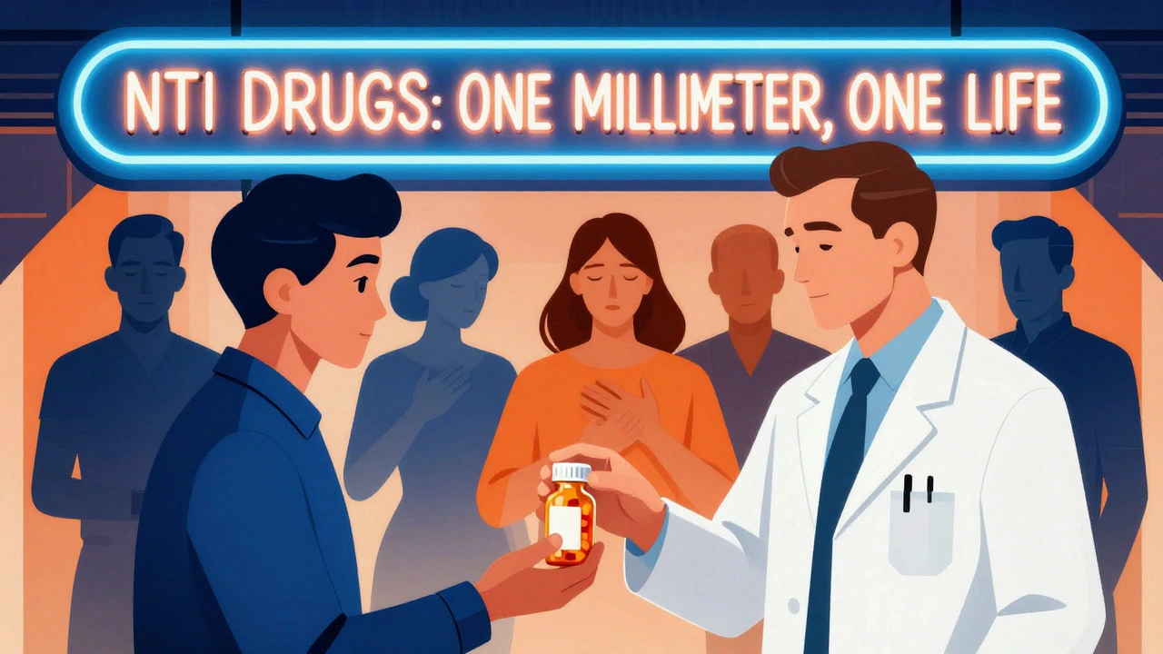 Pharmacist handing a pill to a patient under a neon sign, with abstract patient silhouettes showing varying outcomes in Art Deco style.