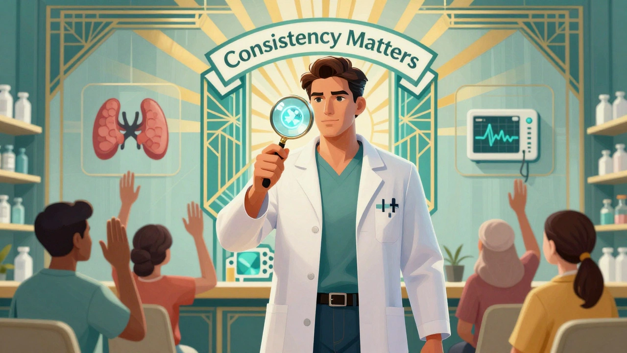Pharmacist magnifying NDC code on pill, patients relieved, health icons protected by shield reading &#039;Consistency Matters.&#039;