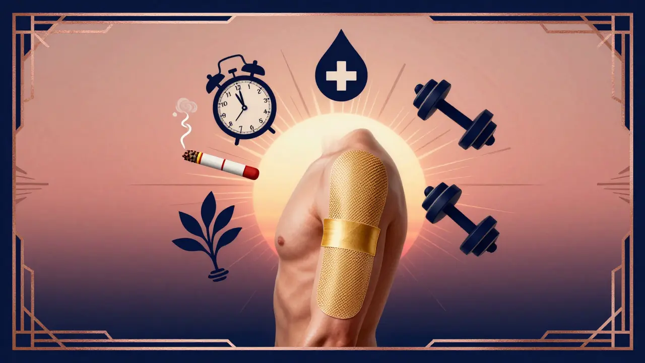 Repaired tendon with healing symbols in Art Deco poster composition