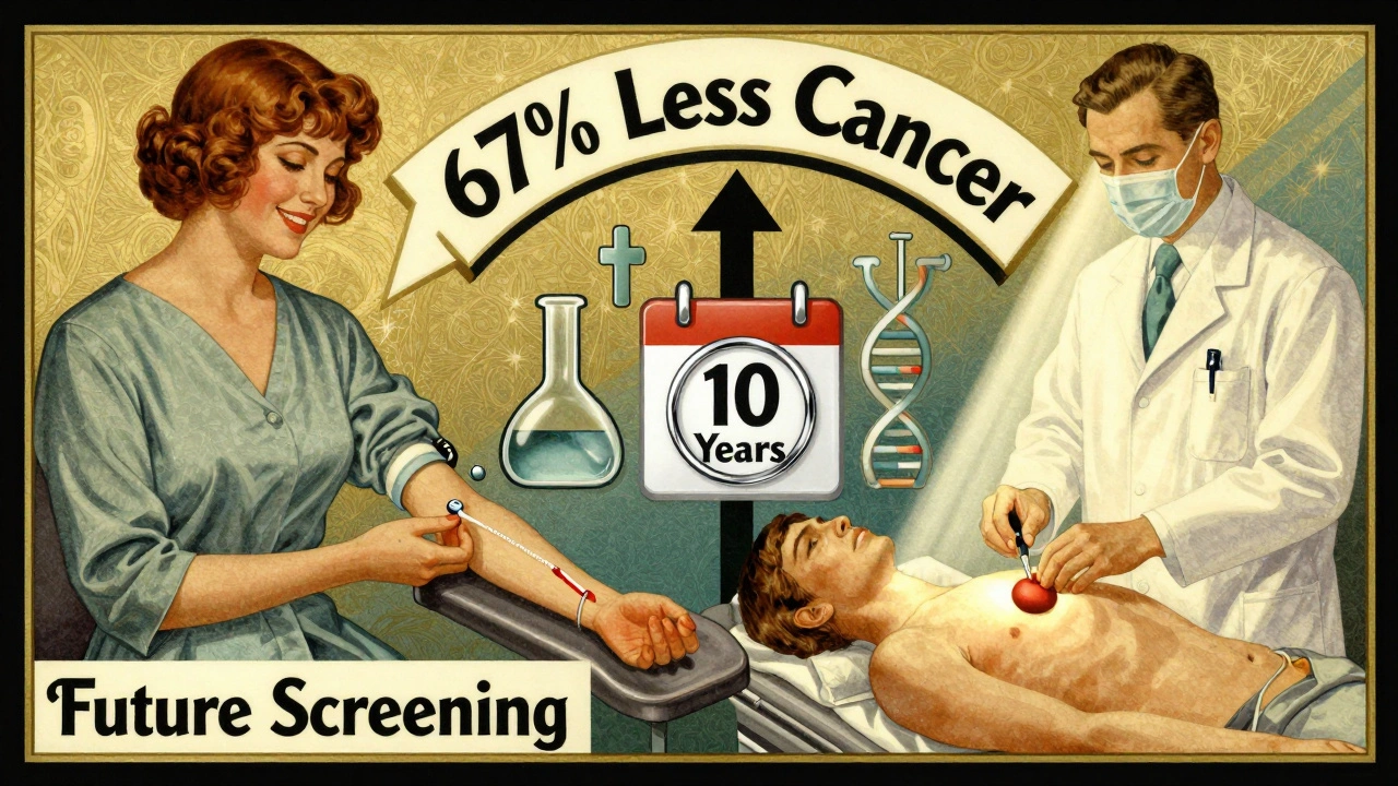Split illustration showing blood test and colonoscopy with a bold arrow indicating cancer risk reduction, in art deco style.