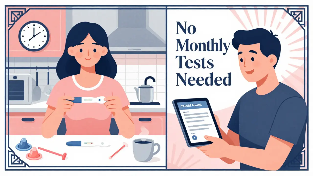 Split illustration showing woman using home pregnancy test and man checking iPLEDGE portal with simplified requirements.