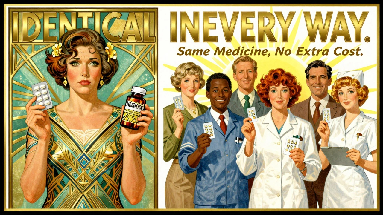 Split-panel Art Deco ad showing skeptical patient vs. confident everyday people with plain generic pills.