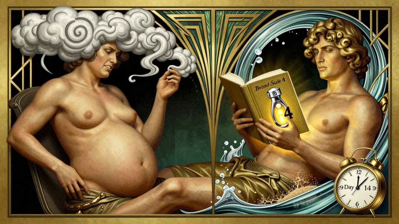 Split-panel Art Deco image: one person bloated with chaotic gas, another relaxed with journal showing normal stool, glowing bile binder in center.