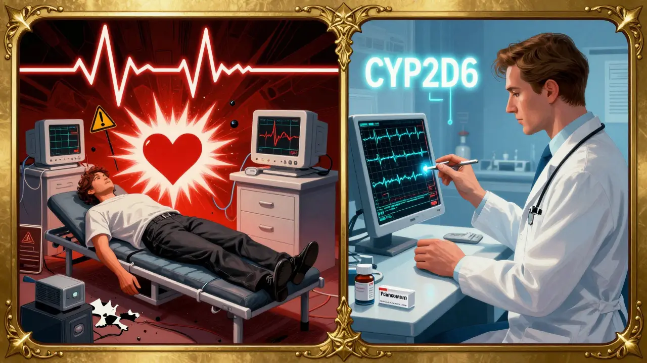 Split-panel Art Deco scene: left shows cardiac emergency from high-dose ondansetron, right shows calm prescription of safer drugs with genetic data.