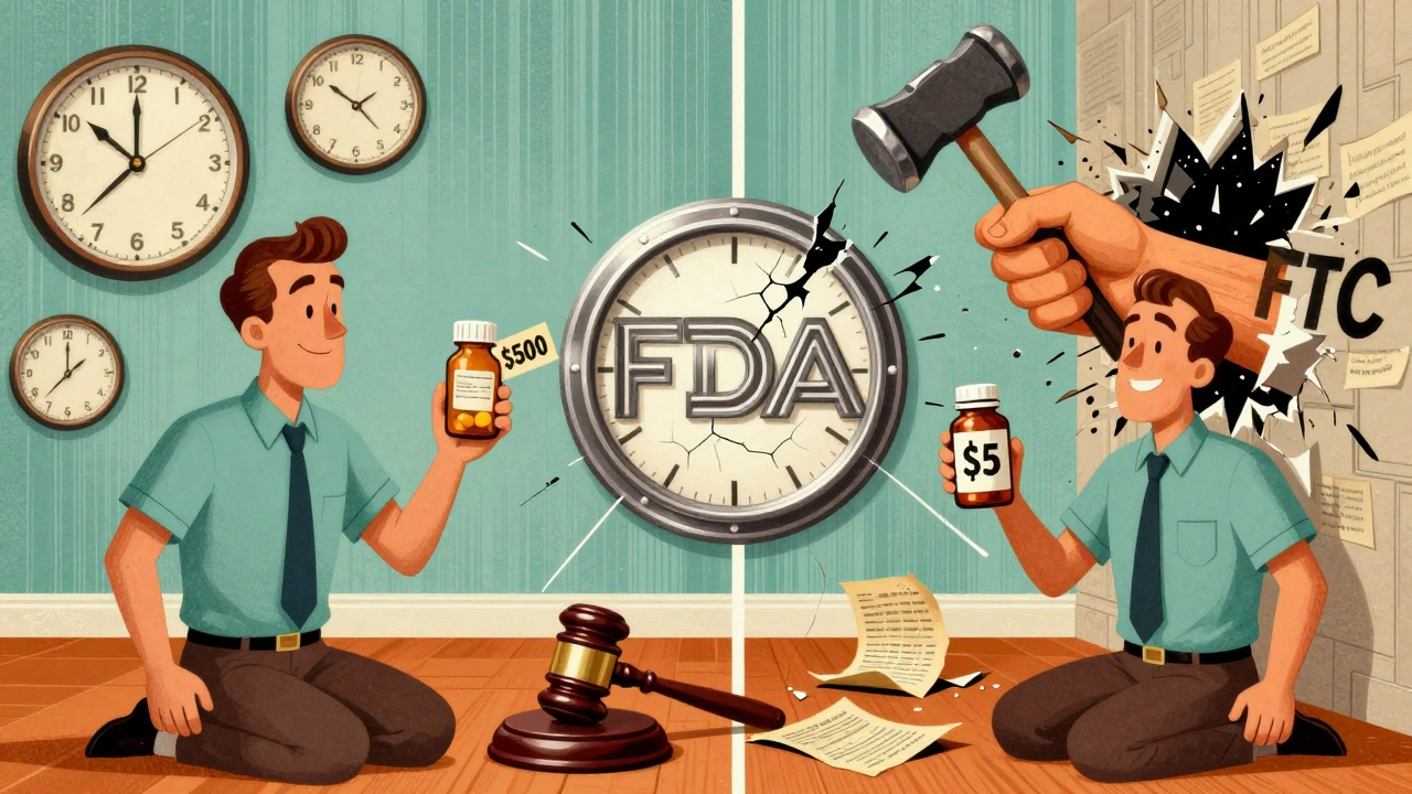 Split-panel image showing expensive vs. affordable medicine, with FTC smashing patents and FDA seal cracking.