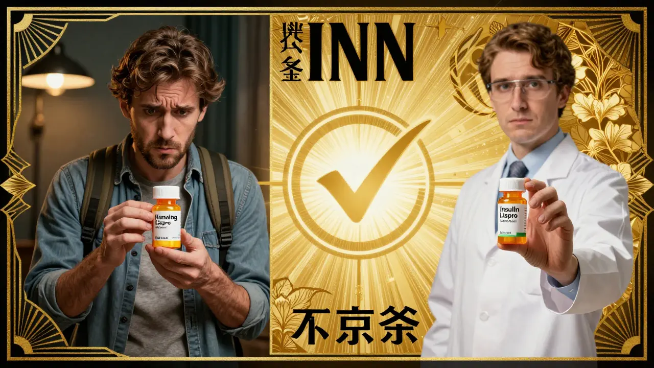 Split scene of confused traveler and confident pharmacist with WHO INN checkmark between them