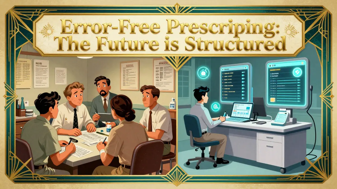 Split scene: outdated clinic vs modern integrated system with AI and shared medication lists.