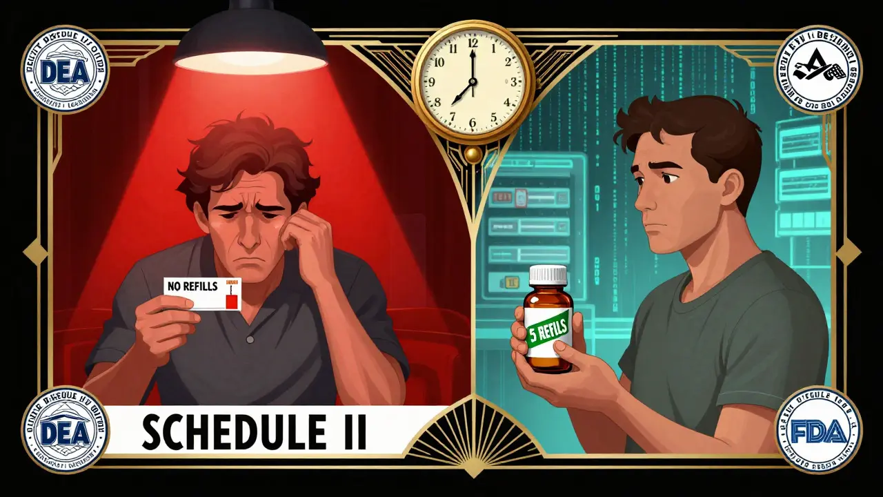 Split scene showing contrasting patient experiences with Schedule II and IV prescriptions in Art Deco design.