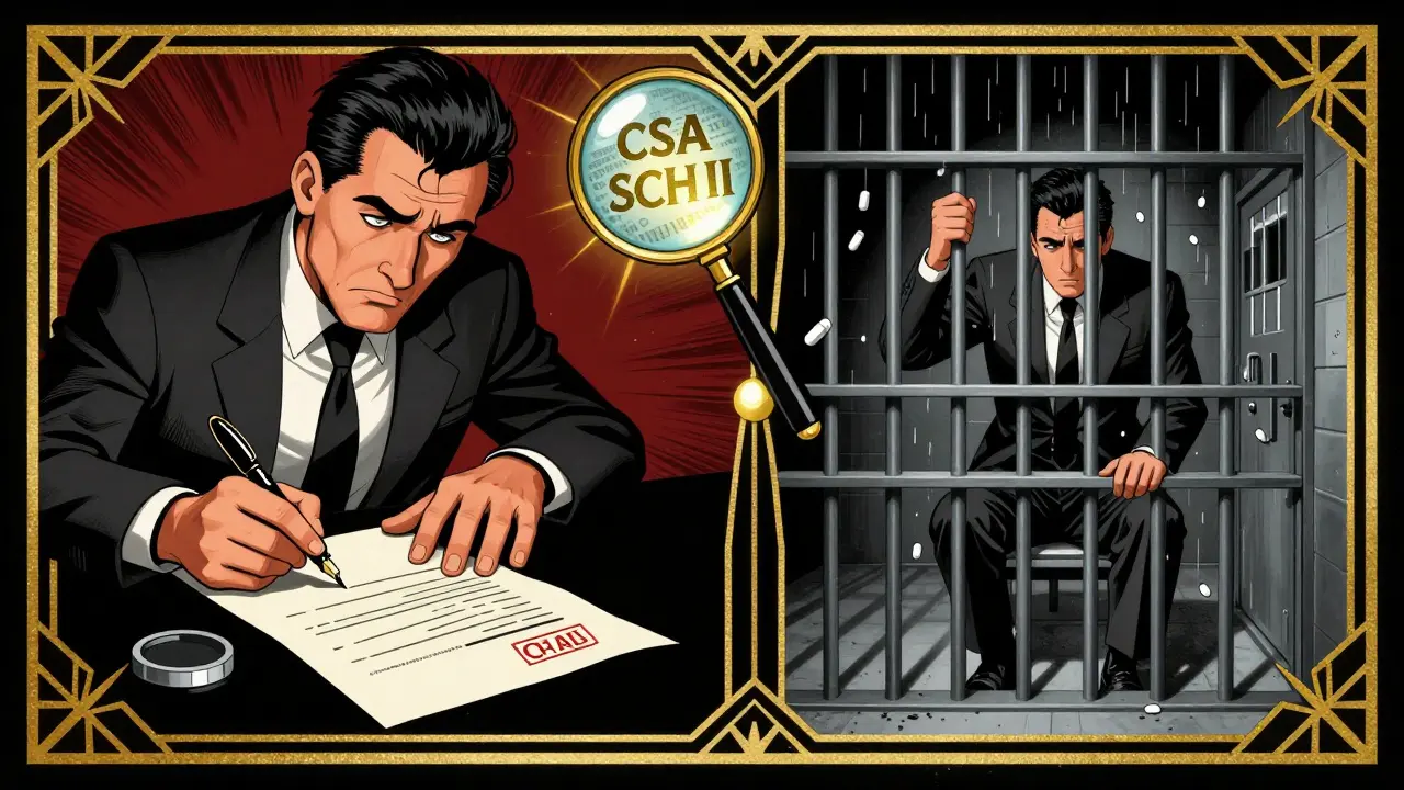 Split scene: signing paper prescription vs. prison, with DEA stamp and deco borders.