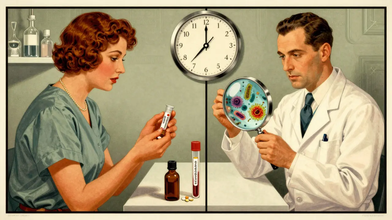 Split scene: TB patient receiving treatment and scientist adding omeprazole to shorten therapy from six to four months.