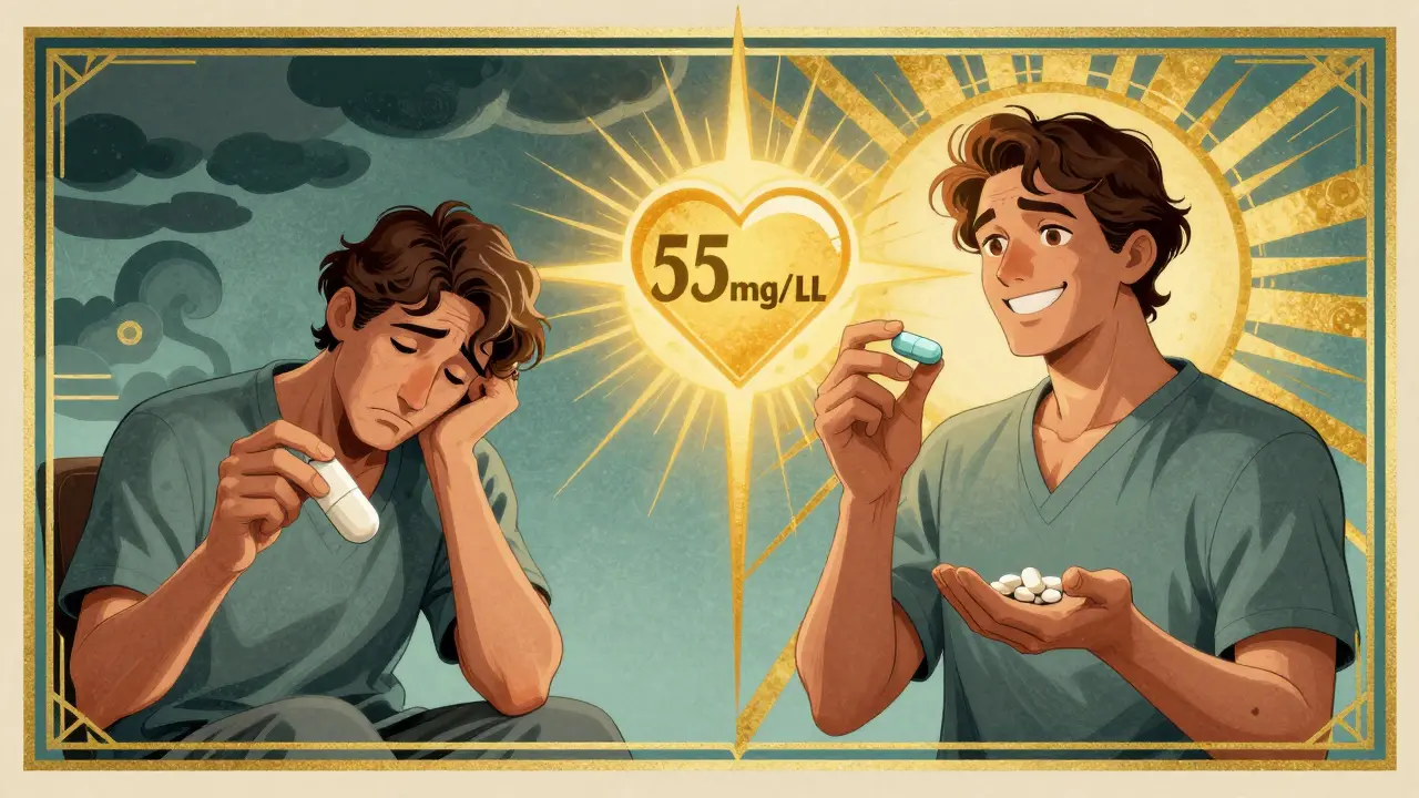 Split-screen image: weary patient with large pill vs. happy patient with combo pills under a golden sunburst.