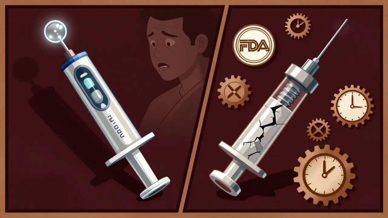 Split-screen of branded vs broken generic auto-injector with FDA seals and gears