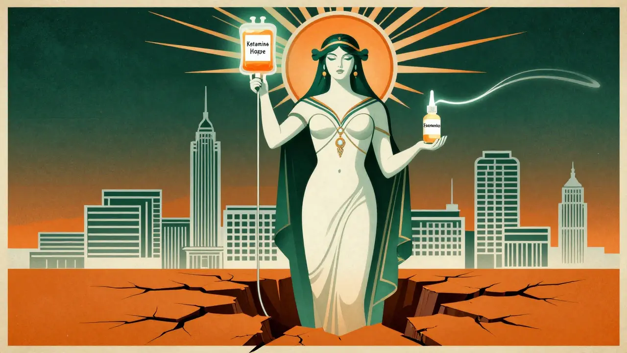 Stylized female figure symbolizing hope rising from depression, holding ketamine and esketamine with radiant neural light trails.