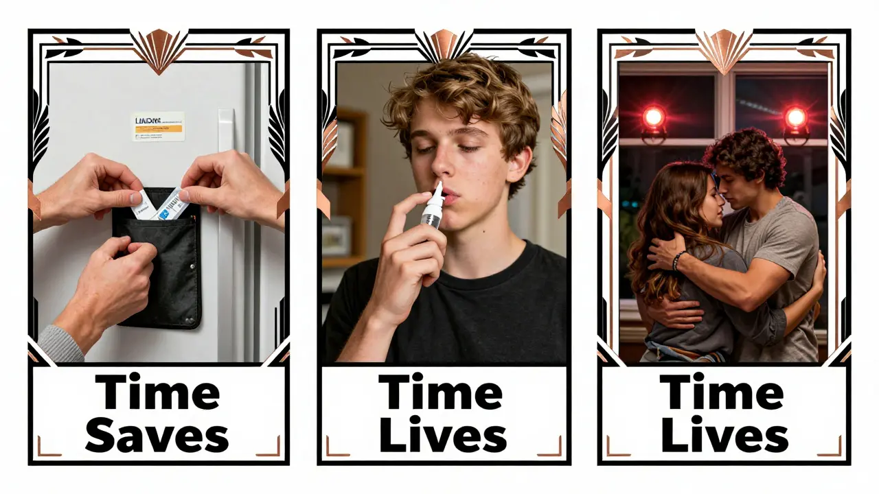 Three sequential scenes show finding, using, and responding after naloxone administration in Art Deco style.