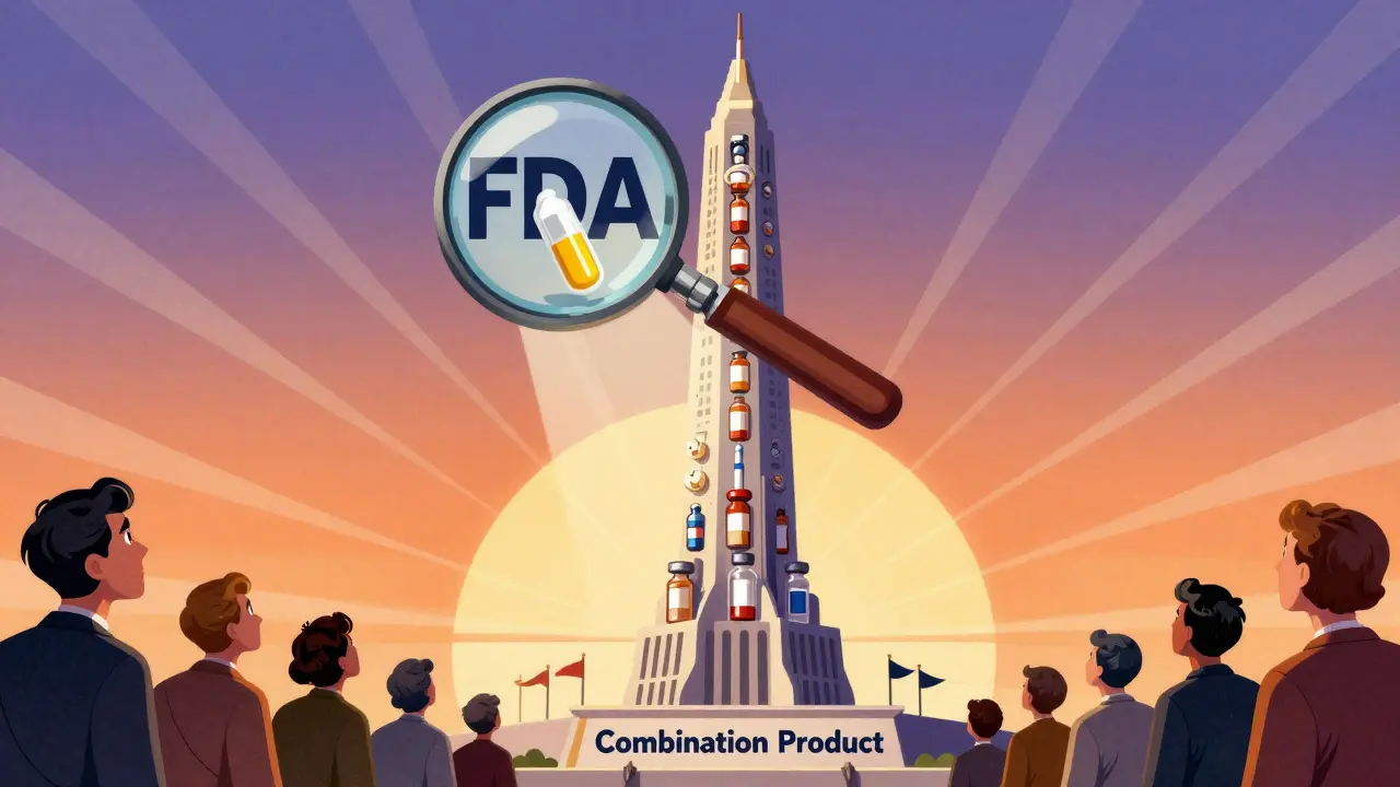 Towering monument of medical devices with few generic flags, patients looking up