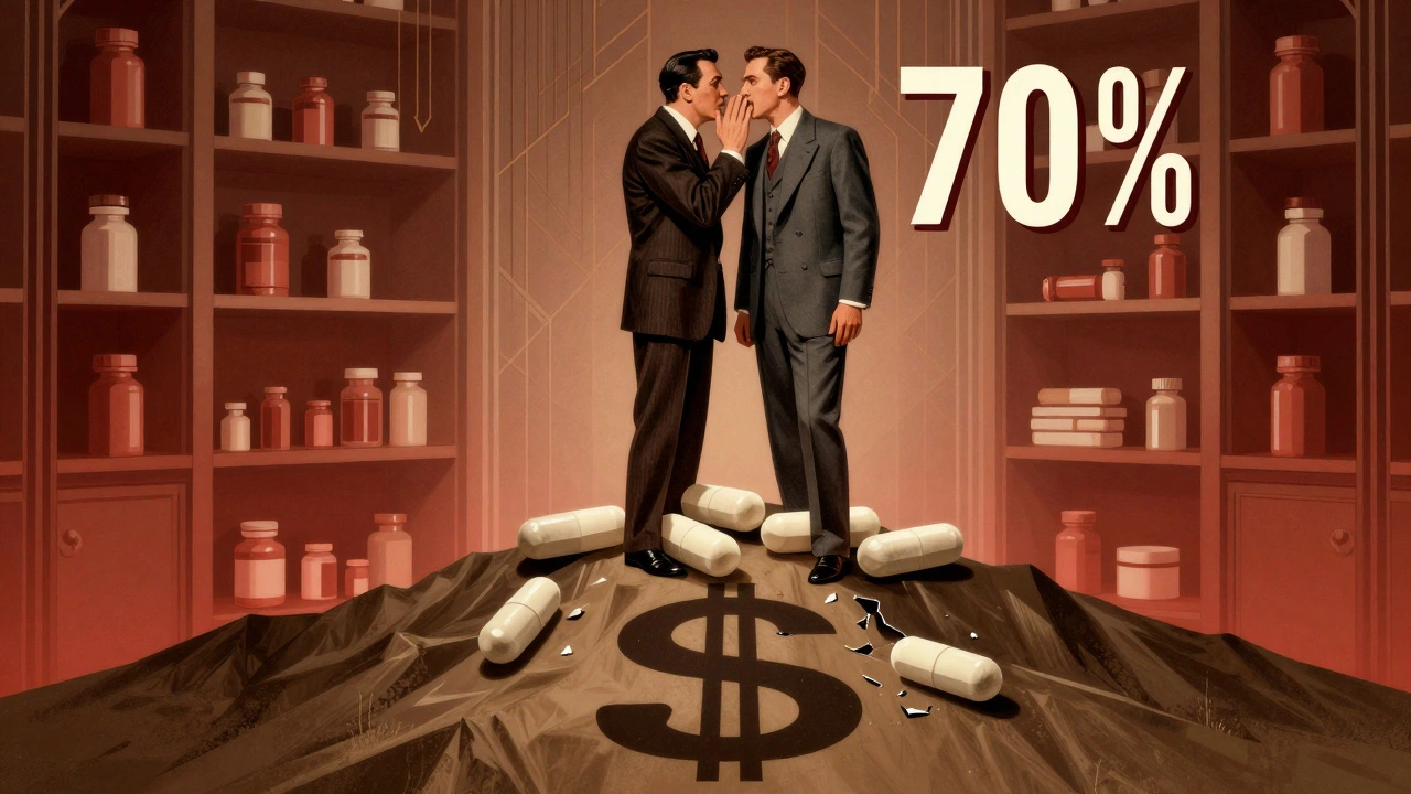 Two executives atop pill mountain, prices stagnant, broken third tablet below in Art Deco style.
