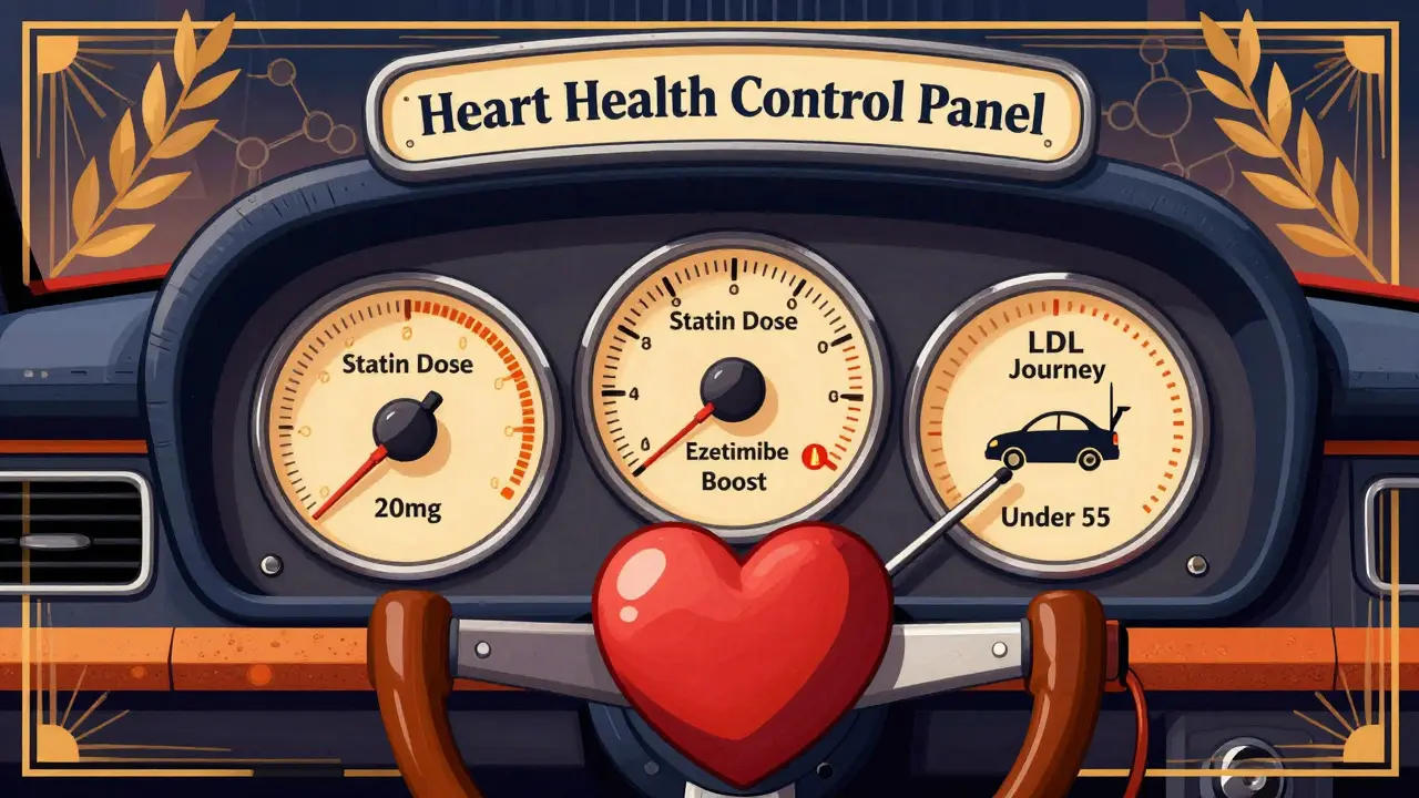 Vintage dashboard with heart-shaped steering wheel guiding a car to 'Under 55' LDL goal.