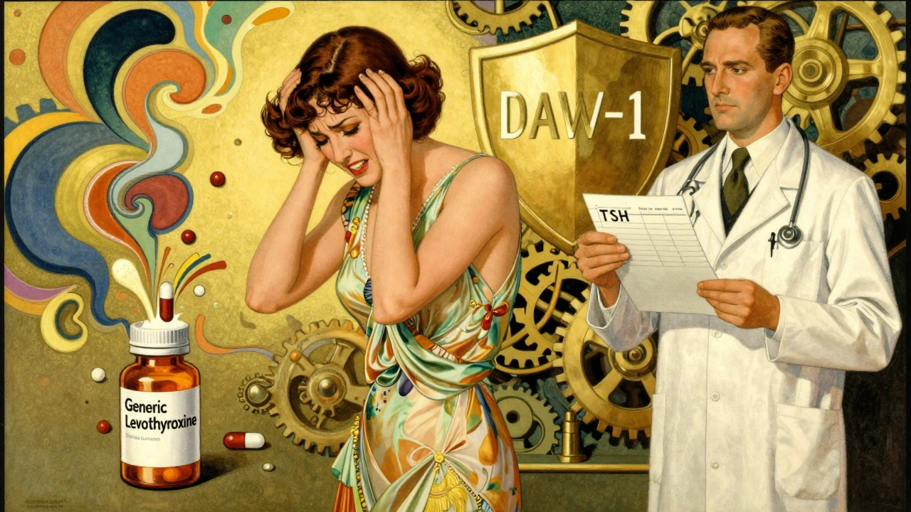 Woman distressed by abstract side effects from a generic pill, doctor holding steady blood test, DAW-1 shield blocking chaos.