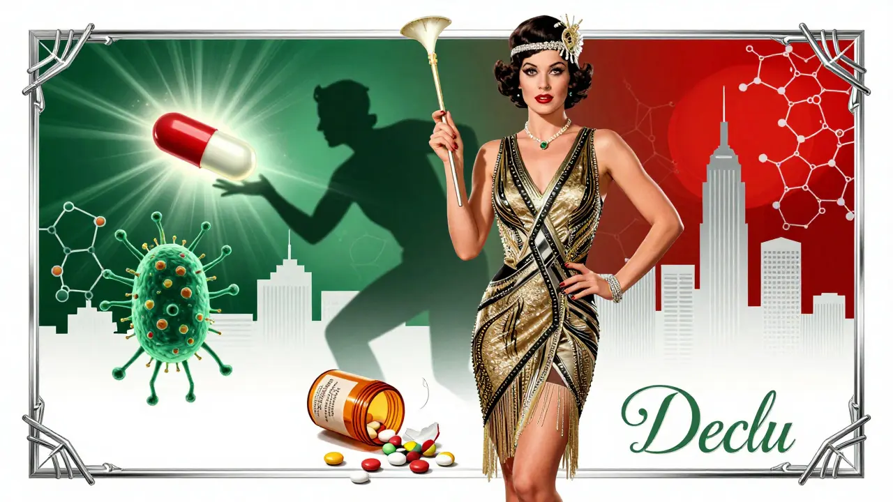 Woman holding an IUD triumphantly beside broken birth control pills, with omeprazole repelling TB bacteria.