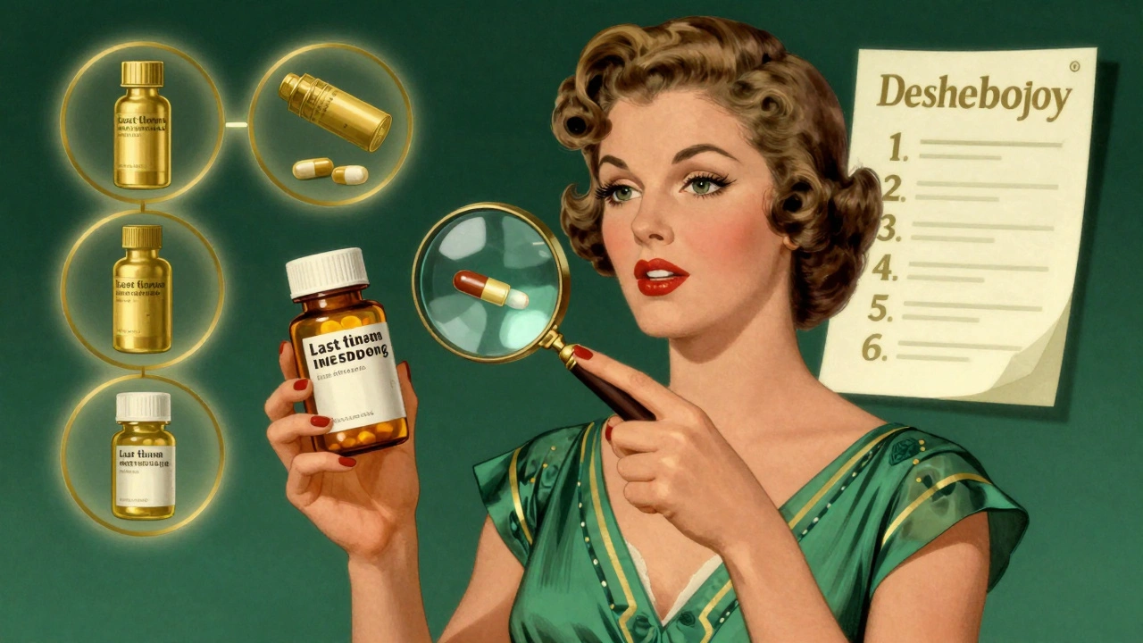 Woman holding photo of old pills next to new ones with floating checklist