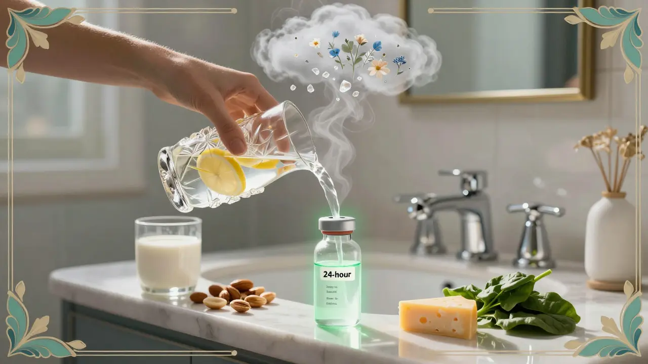 Woman pouring lemon water as kidney cloud turns to flowers, with urine test and calcium-rich foods nearby in Art Deco style.
