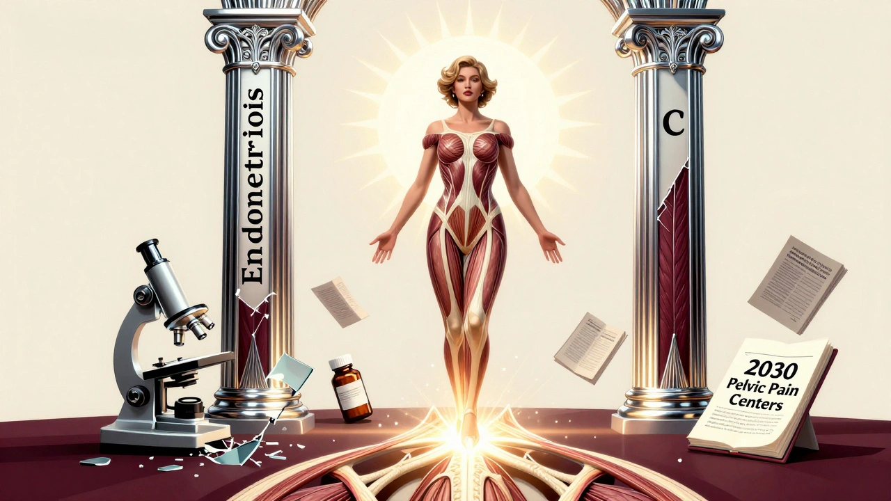 Woman standing between crumbling diagnostic labels, standing on glowing pelvic muscles under a rising sun.