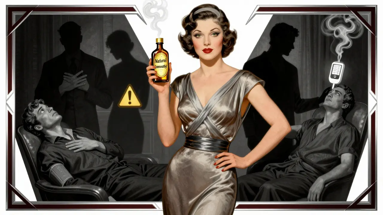 1930s-style illustration of a woman holding goldenseal while patients collapse behind her from drug interactions.