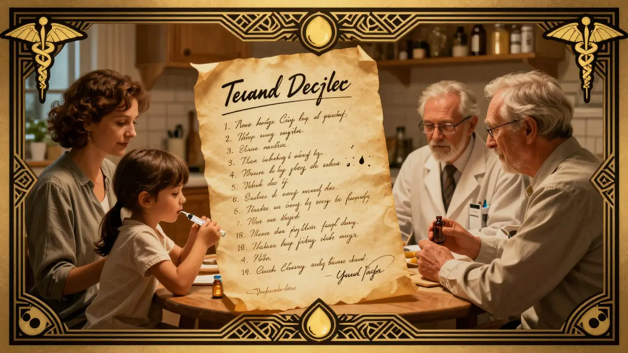 A family reviews a detailed medication list at the kitchen table with medical icons and warm Art Deco styling.