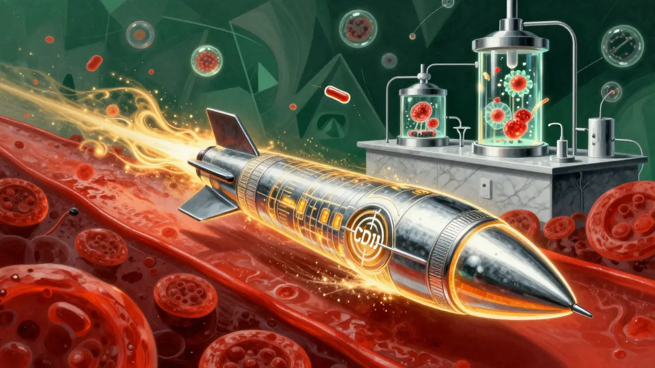 A glowing CAR-T missile soaring through blood vessels with geometric energy trails.