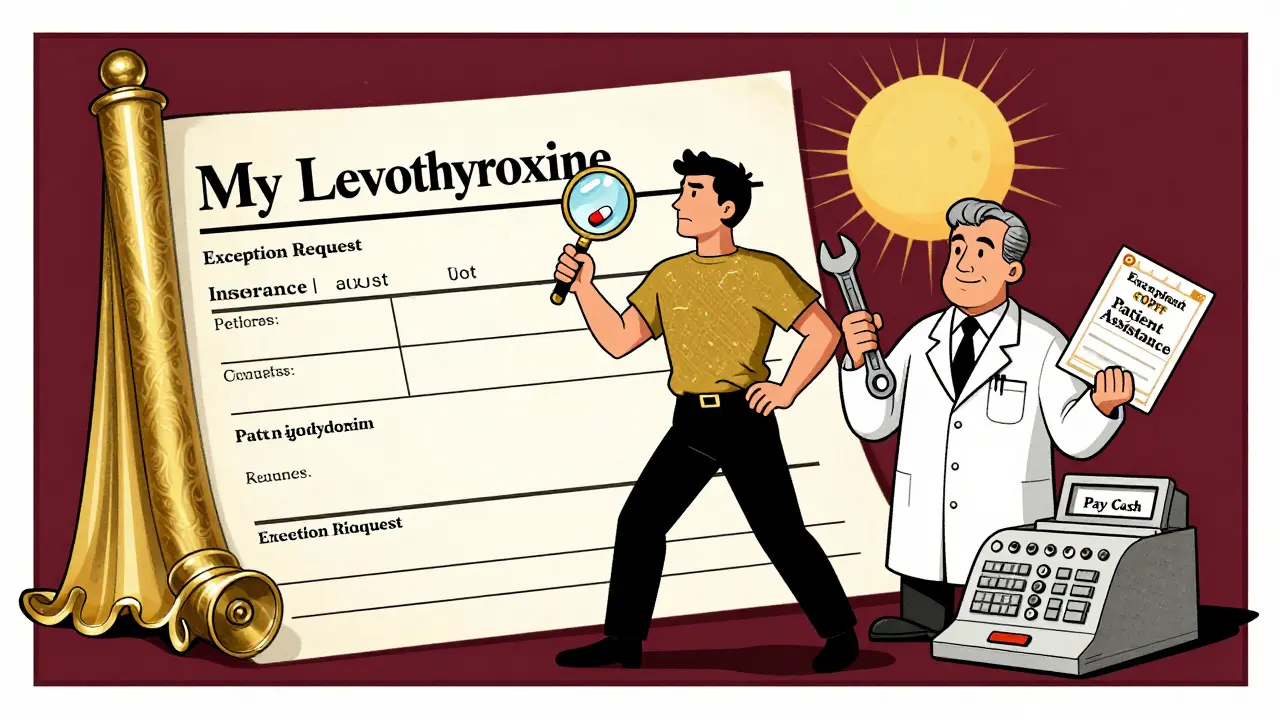 A patient holding a magnifying glass over a pill, surrounded by tools to fight high copays, in Art Deco style.