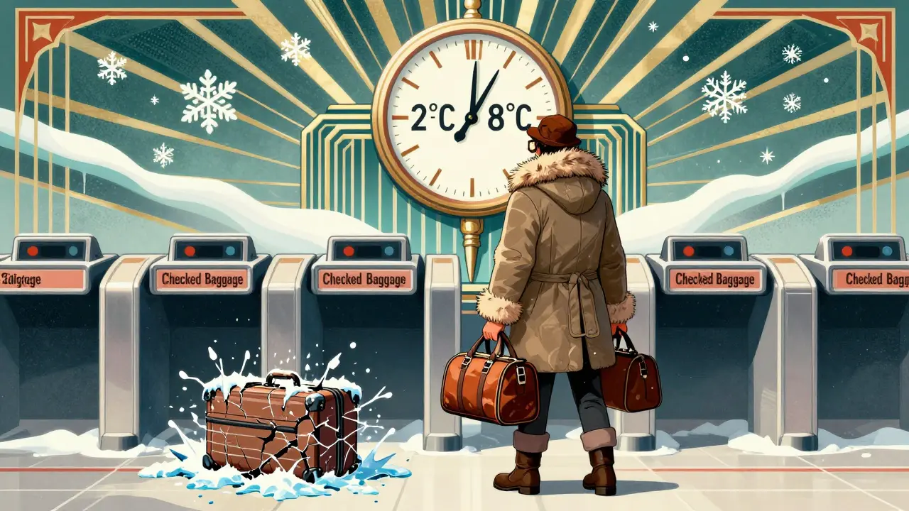 A traveler carries medication in hand luggage past a frozen checked bag, with temperature warnings in Art Deco design.
