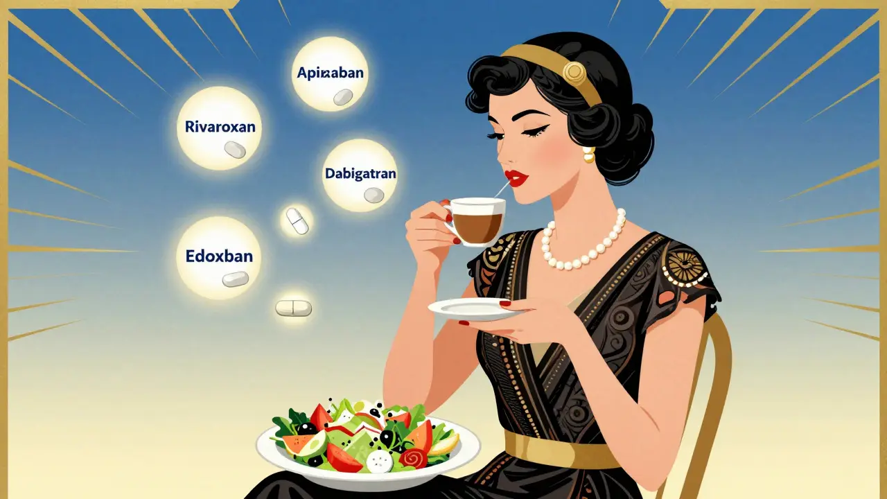 A woman enjoying coffee and salad with floating DOAC pills in a sleek Art Deco style.