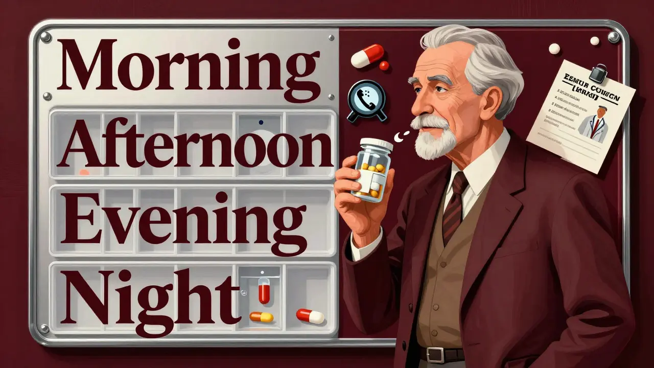 An elderly man uses a labeled pill organizer and talking dispenser with geometric Art Deco design elements.