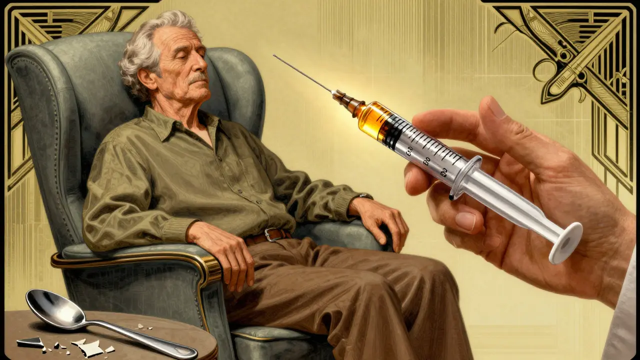 Caregiver carefully administering liquid medicine with a calibrated syringe, rejecting kitchen spoons.