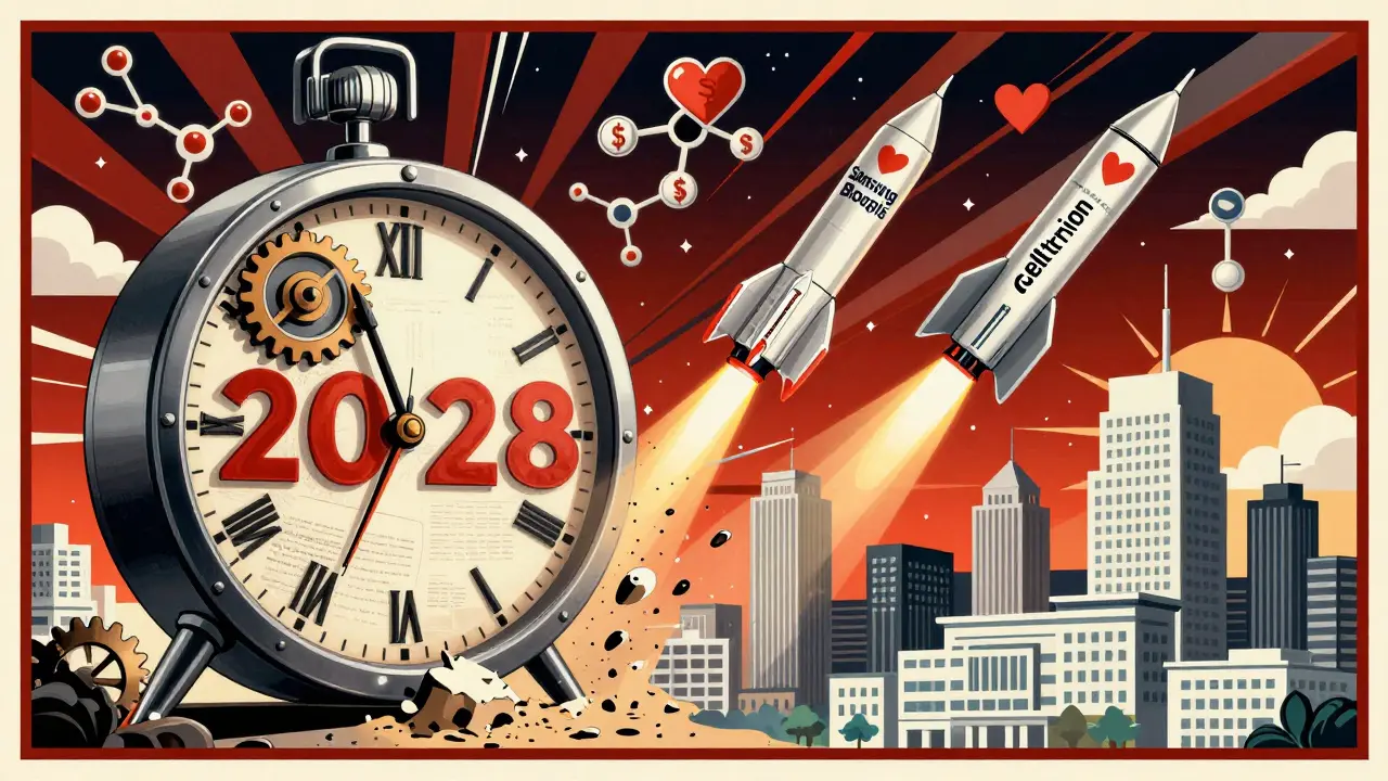 Clock labeled 2028 crumbling as biosimilar rockets launch toward a medical skyline