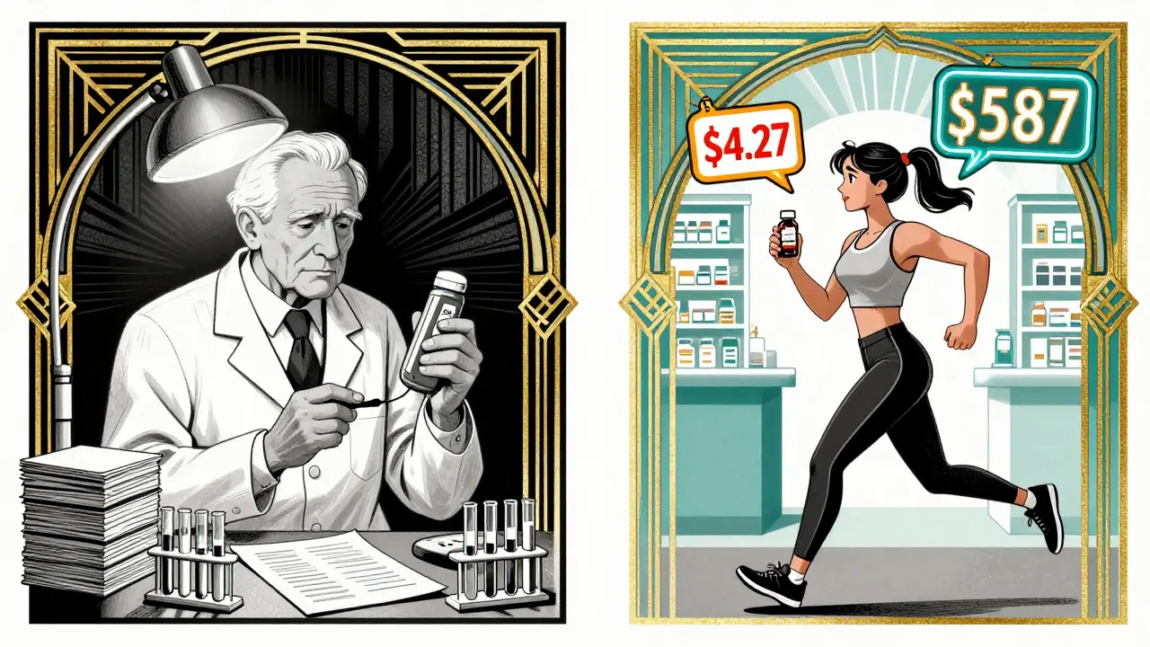 Contrasting figures of elderly patient with blood tests and young professional with affordable pills.