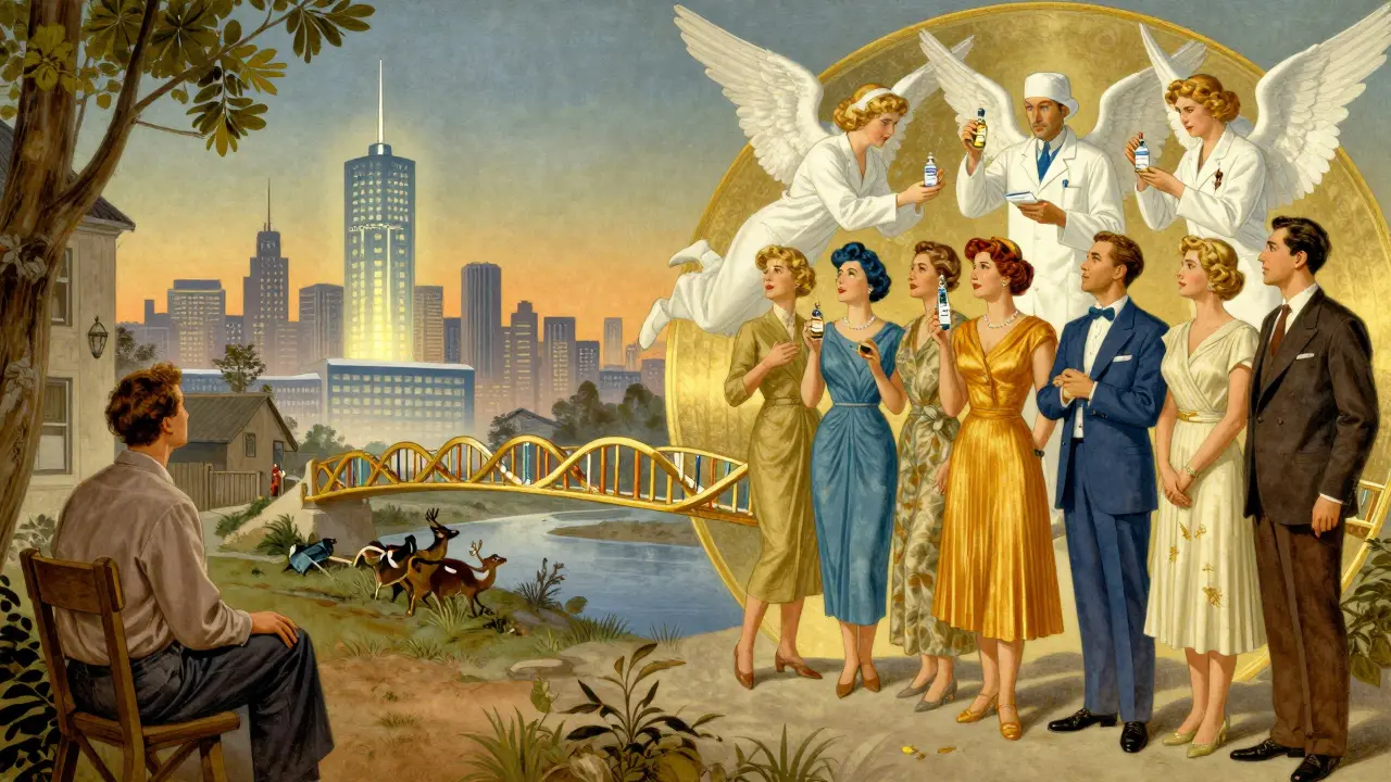 Contrasting scene of rural isolation and urban immunotherapy access in Art Deco style.