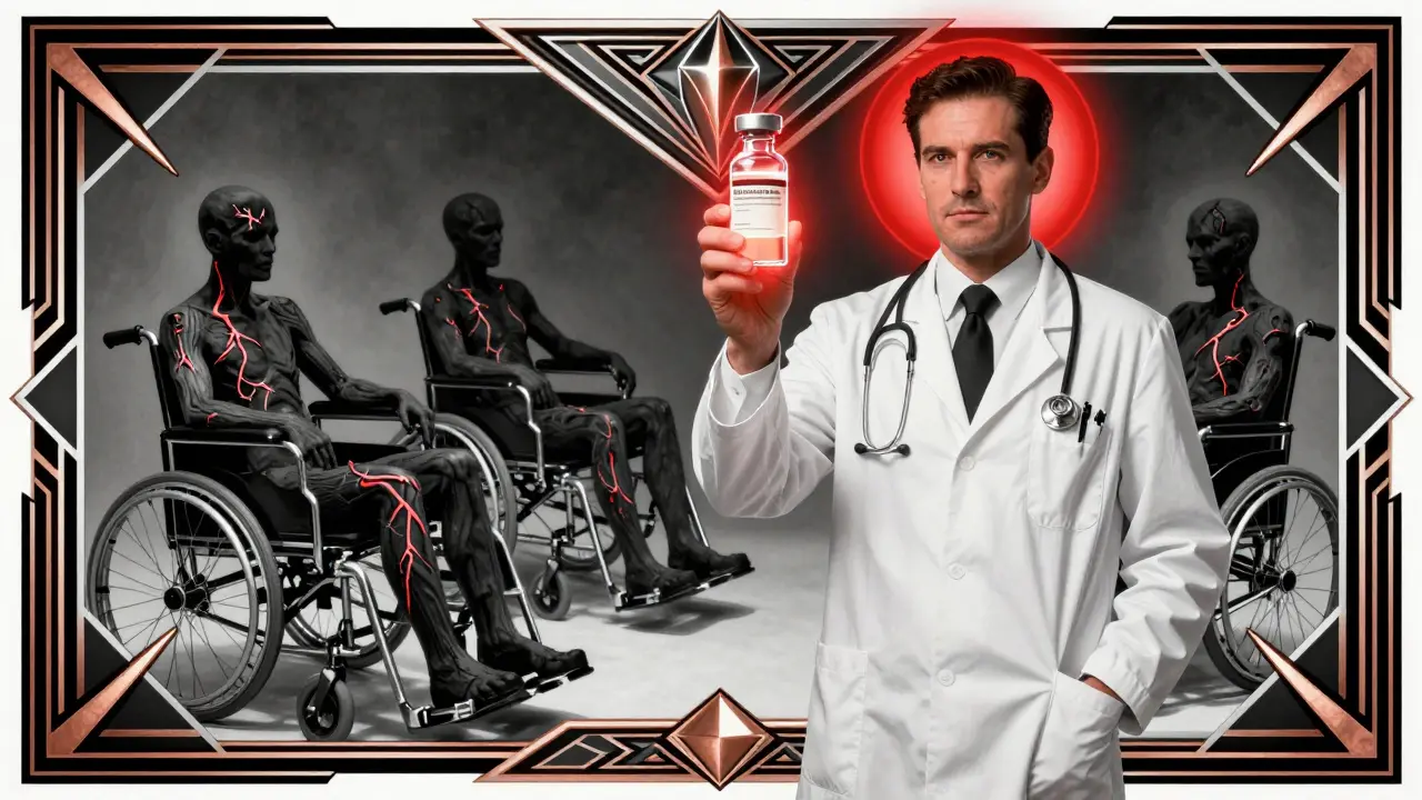 Doctor holding antibiotic vial while shadowy figures with ruptured tendons slump behind him.