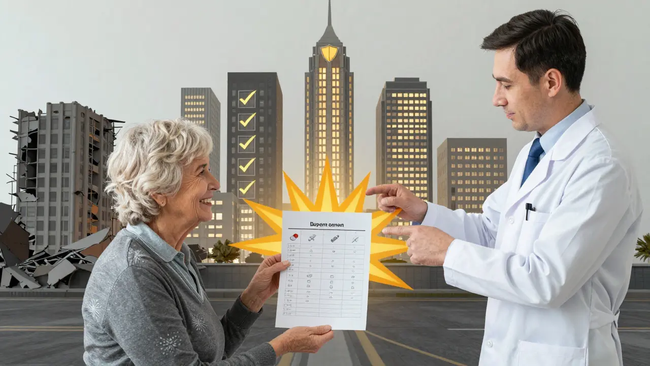 Elderly patient holding clear medication list as pharmacist guides them, hospitals transforming into safe towers.