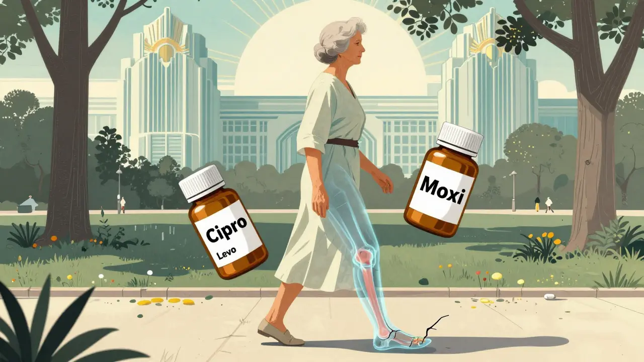 Elderly woman walking with hidden tendon fracture revealed beneath her feet in Art Deco illustration.