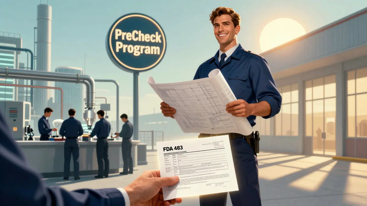 Factory foreman holding a blueprint beside a glowing PreCheck emblem, workers confident in background under radiant light.