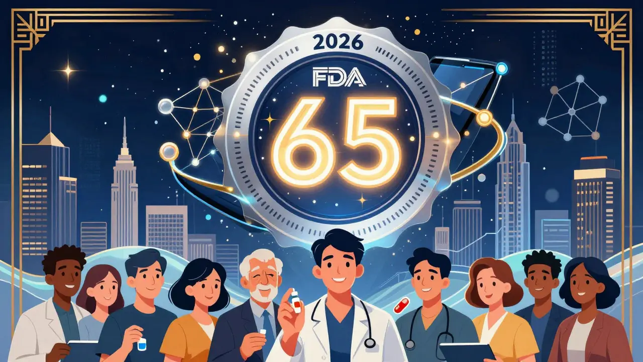 Futuristic FDA seal with tablet, AI networks, and biorelevant fluids in Art Deco style.