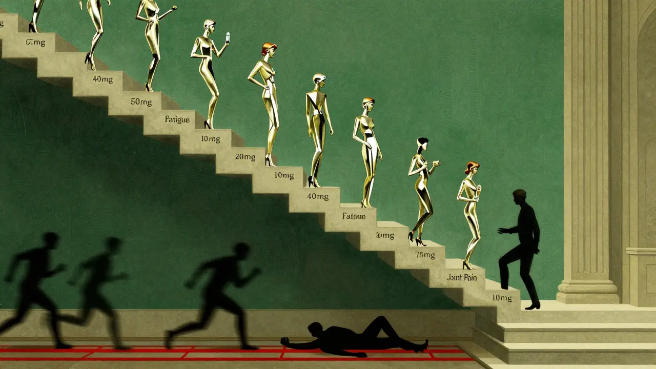 Geometric staircase showing steroid taper steps with figures ascending past warning labels.