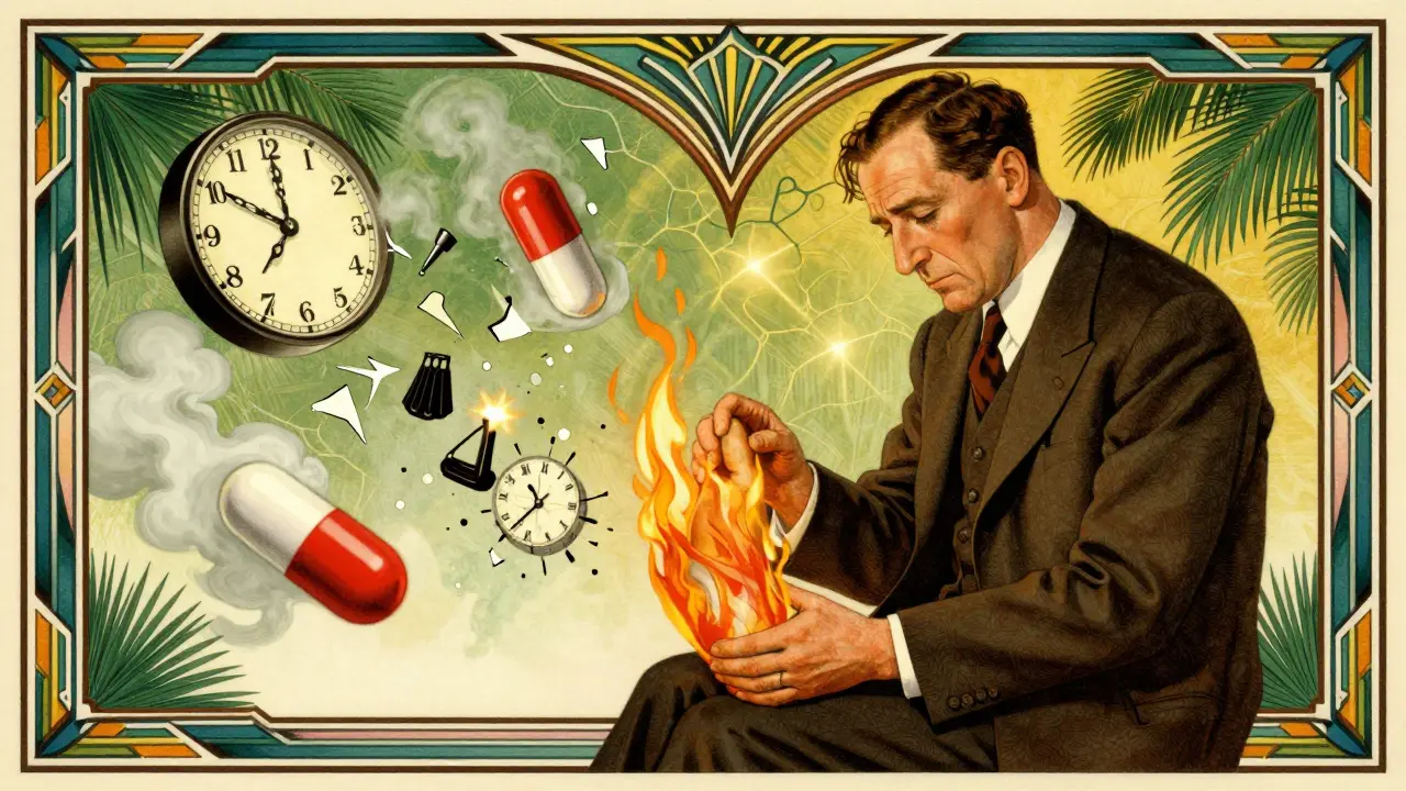 Man clutching his foot as pills float beside clock faces and weight symbols in Art Deco style.