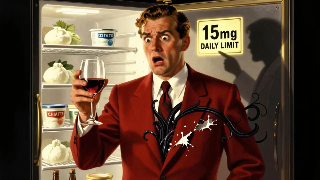 Man drinking wine with norepinephrine surges, contrasting fresh foods in a glowing fridge.